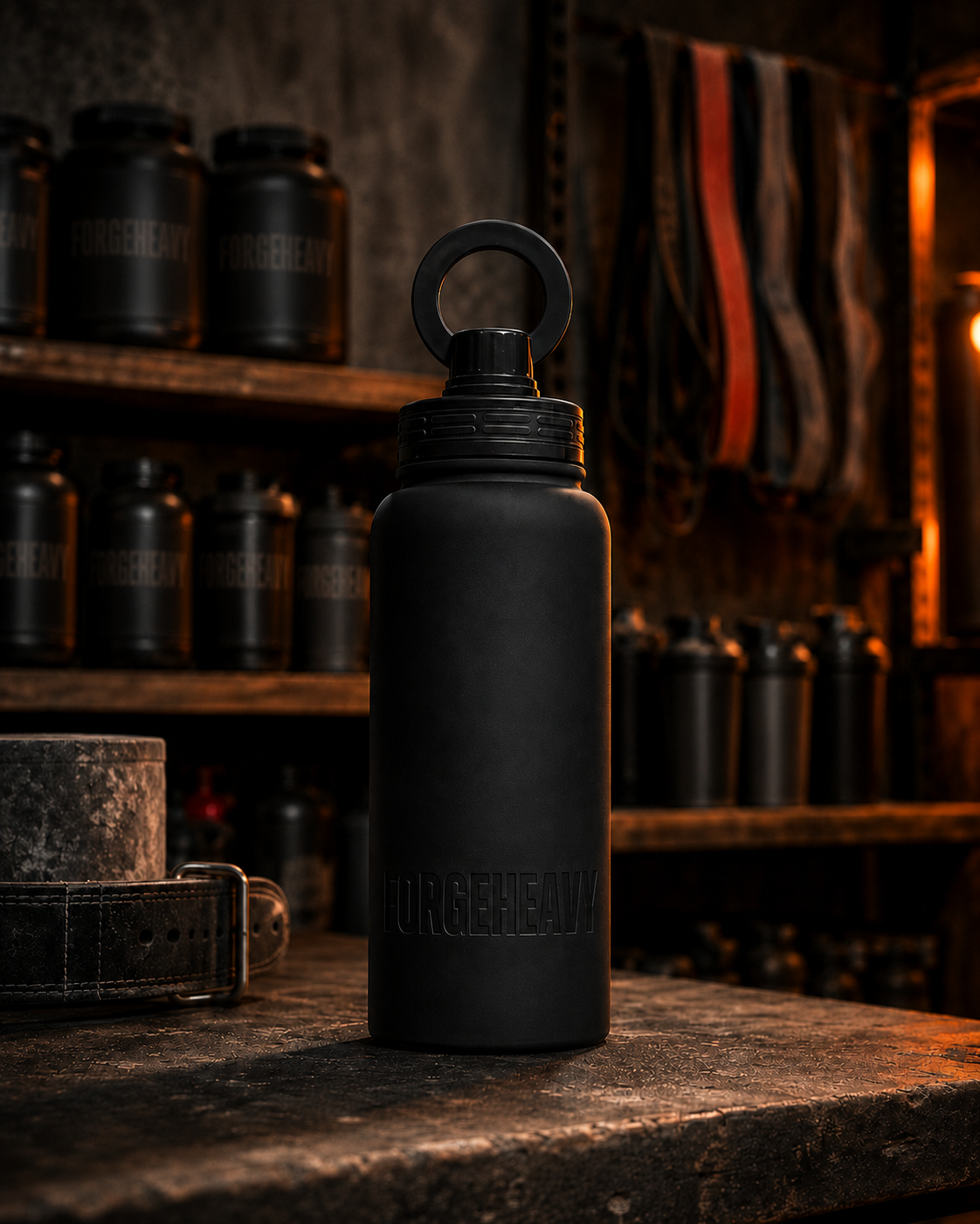 A matte black metal water bottle with a loop handle lid sits on a rustic wooden workbench in a workshop setting. The background features shelves with weight containers and hanging straps, all in a dark, warm-toned environment.