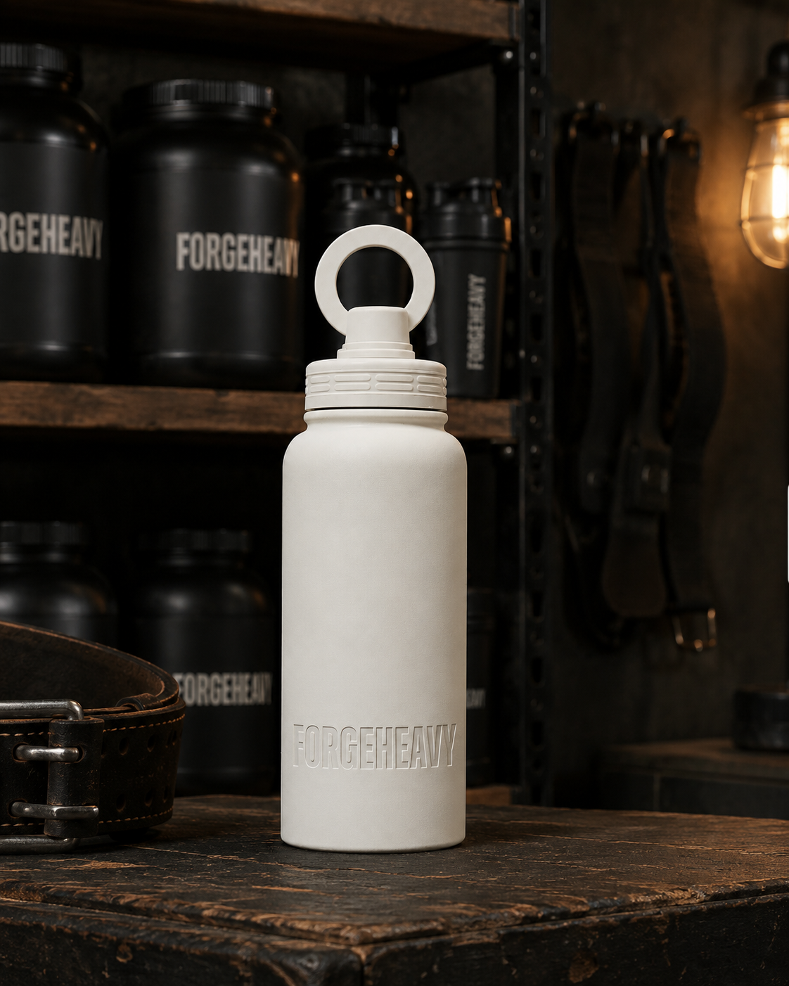 A matte white FORGEHEAVY insulated water bottle with a loop handle lid, standing on a rustic wooden table with black supplement containers in the background.